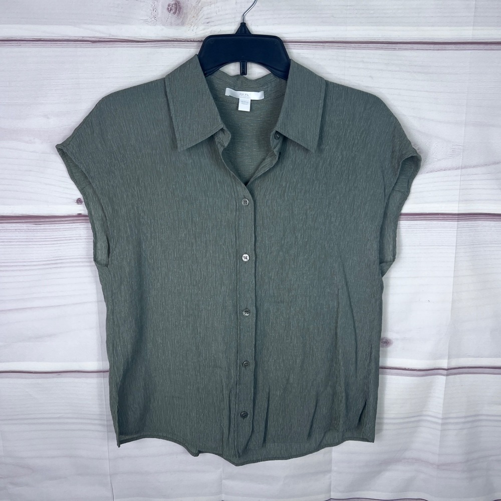 BOSS Hugo Boss Top Womens 0 Green Button Up Shirt Cap Sleeve Textured Collar